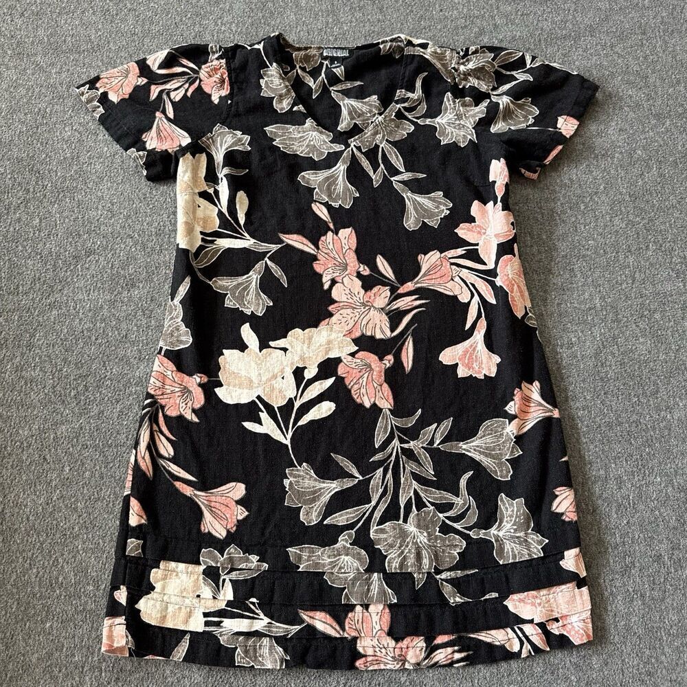 Nicole Miller Dress Womens Small Linen Black Floral A Line Tiered Trim V Neck